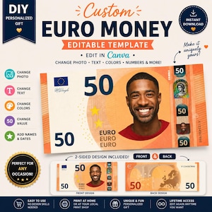 May include: A custom 50 Euro money editable template featuring a large orange banknote design with a placeholder for a portrait photo, the number 50, and text. The digital file includes both front and back designs for personalization in Canva.