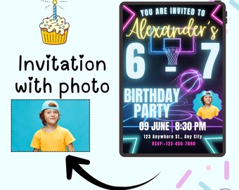 Neon Basketball Birthday Invitation: Glow Party Evite (Digital Invite)