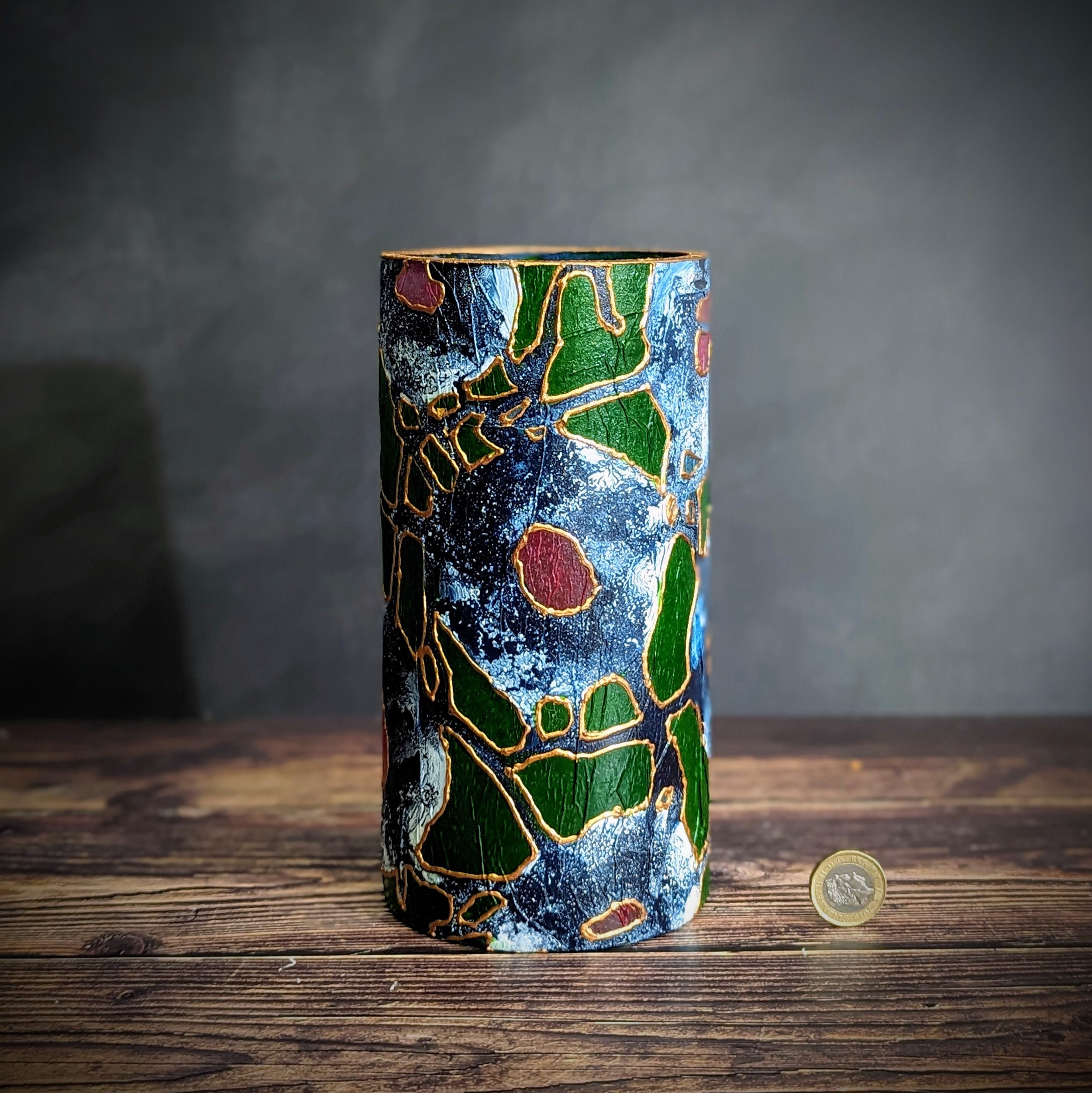 Green Cylinder Vase Hand Painted Unique Flower Design Statement Original Glass Art Bronze Decor Gift Artisan Handmade