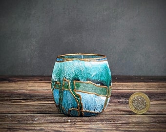 ZEN Blue Green Artisan Small Candle Holder for Tea Light Hand Painted Glass Jar Succulent Pot Decorative Shelf Ornament