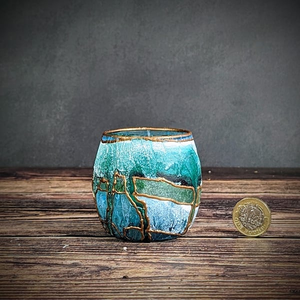 ZEN Blue Green Artisan Small Candle Holder for Tea Light Hand Painted Glass Jar Succulent Pot Decorative Shelf Ornament