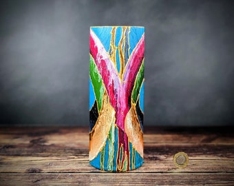 Unique Vibrant Vase Cylinder Glass Multi Colour Hand Painted Original Design Abstract Art Bright Coloured Artisan Gift