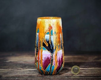 Small Modern Vase Colourful Painted Glass Unique Design Artisan Handmade Gift Bright Pink Orange Original Art