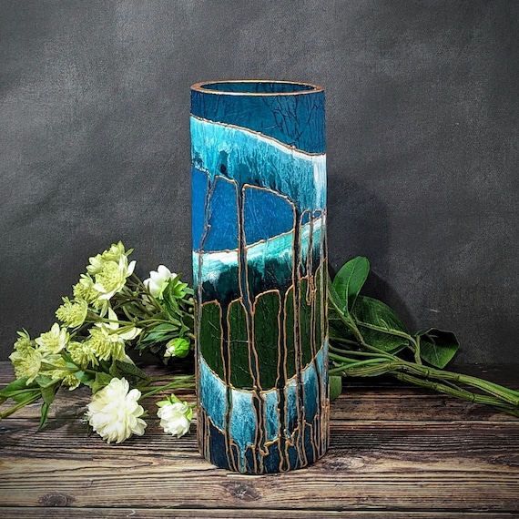 Farbige Zylindervase aus Glas – ZEN – Blau, Grün & Bronze – Geschenkidee – 25 cm