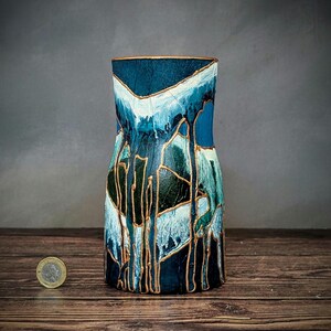 Hand-Painted Glass Vase – ZEN – Teal, Blue, Green & Bronze – Tapered Flower Vase Gift – 17cm / 6.7"