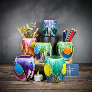 Artisan Tea Light Holder for Pens Jar for Candle Large Hand Painted Coloured Glass Shelf Desk Decoration Succulents Pot