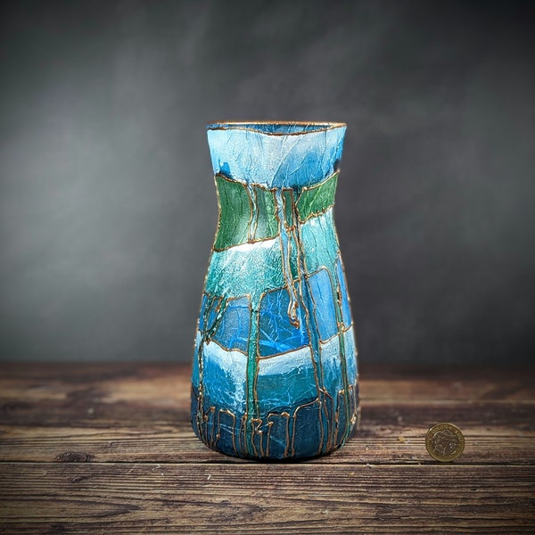 ZEN Blue Green Decorative Vase For Flowers Hand Painted Glass Vibrant Colour Unique Desk Accessory Statement Gift Idea