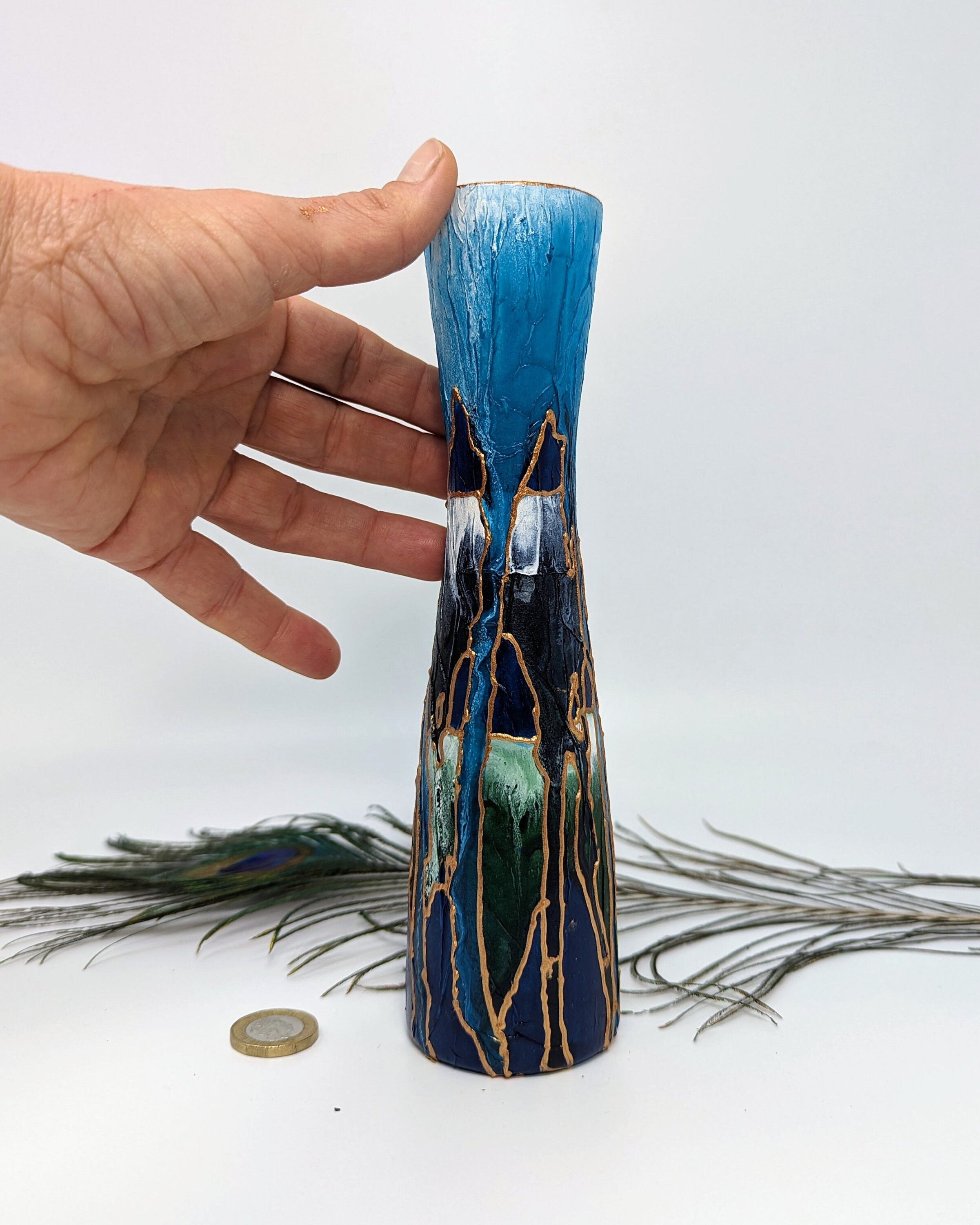 ハンドメイドギフト - 青い手描きガラスの花瓶 - エレガントな抽象的な