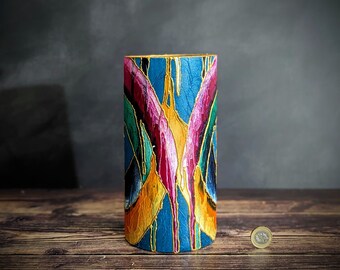 Hand-Painted Glass Vase – Multicolour Abstract Art with Gold – Teal, Pink, Orange & Green – Joyful Home Decor – 20cm / 8"