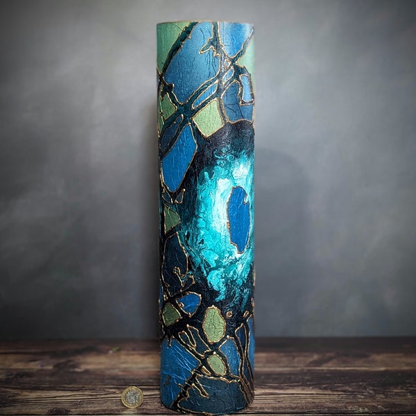 Vase BIJOUX haut 40 cm bleu vert sol en verre peint à la main Design moderne unique décoration colorée artisan cadeau pour la maison