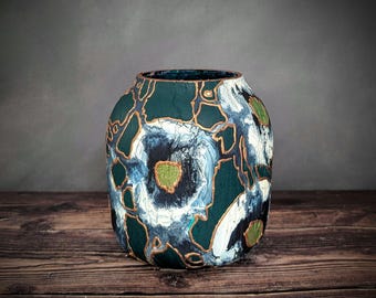 Dark Green Vase – Hand-Painted Glass – EMERALD – Abstract Floral, Bronze Detail – Candle Lantern or Plant Pot – 16cm / 6.2"