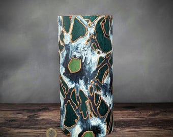 Emerald Vase – Hand-Painted Glass – EMERALD – Forest Green, Dark Blue & White Abstract Floral – Large Statement Decor – 25cm / 10"