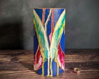 Hand-Painted Glass Vase – Vibrant Blue with Yellow, Green & Magenta – Bold Home Gift – Unique Artisan Decor – 19cm / 7.5"