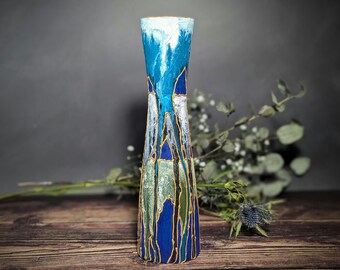 ハンドメイドギフト - 青い手描きガラスの花瓶 - エレガントな抽象的な