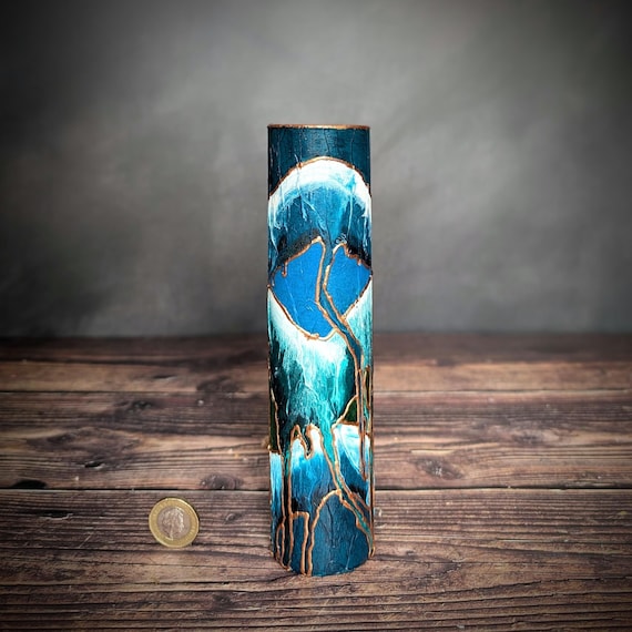 ZEN Blue Green Bud Vase Small Handmade Gift Unique Hand Painted Colourful Design Coloured Glass Shelf Decoration