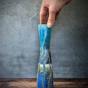 Blue Elegant Vase Vibrant Painted Bud Glass Unique Design Artisan Bright Handmade Gift Textured Mantelpiece Decoration