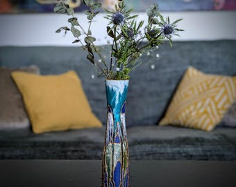 ハンドメイドギフト - 青い手描きガラスの花瓶 - エレガントな抽象的な