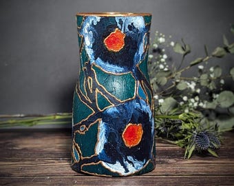 ブルーガラス花瓶 – 職人による手描きギフト – 抽象的なゴールドの