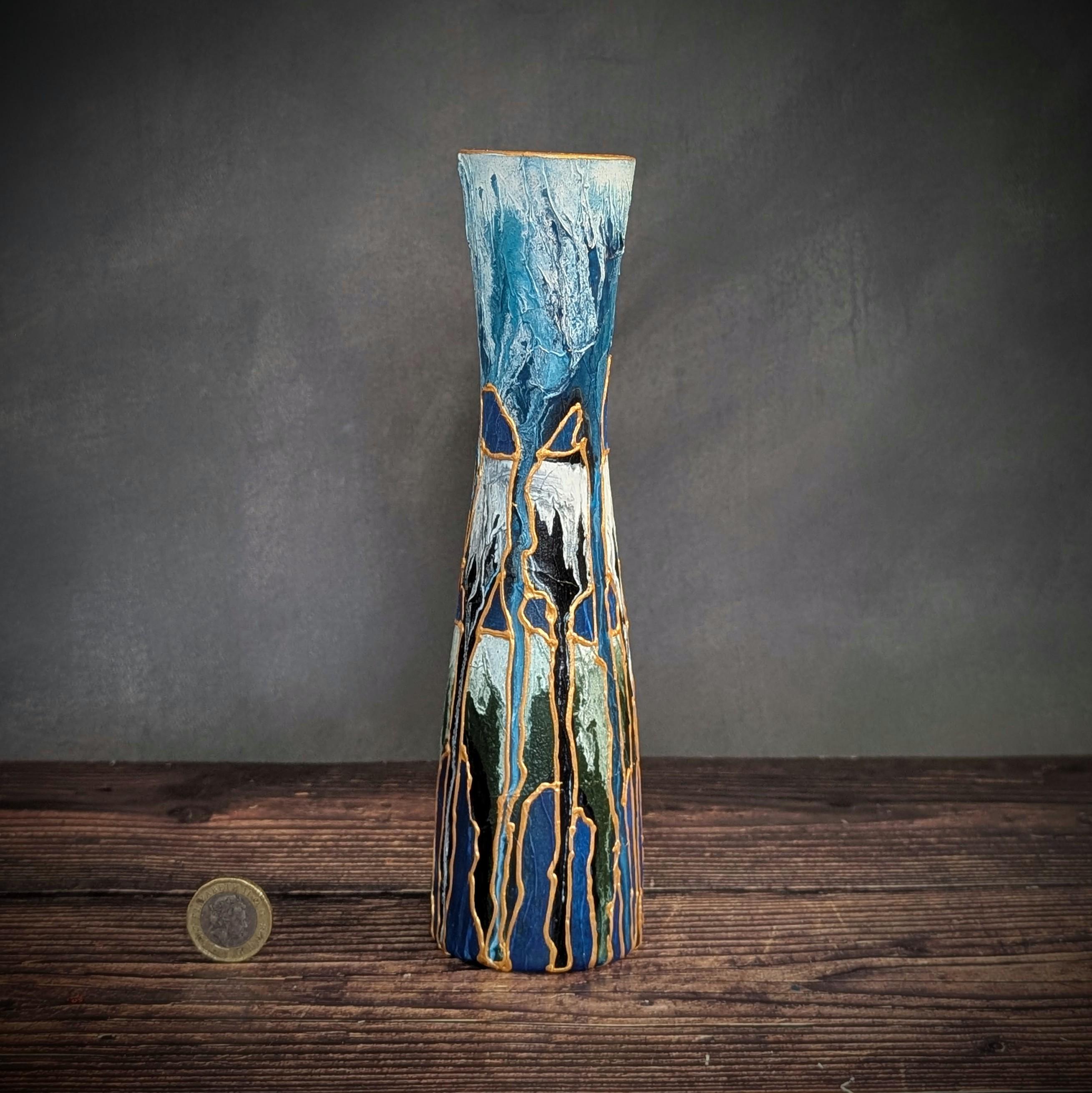 ハンドメイドギフト - 青い手描きガラスの花瓶 - エレガントな抽象的な