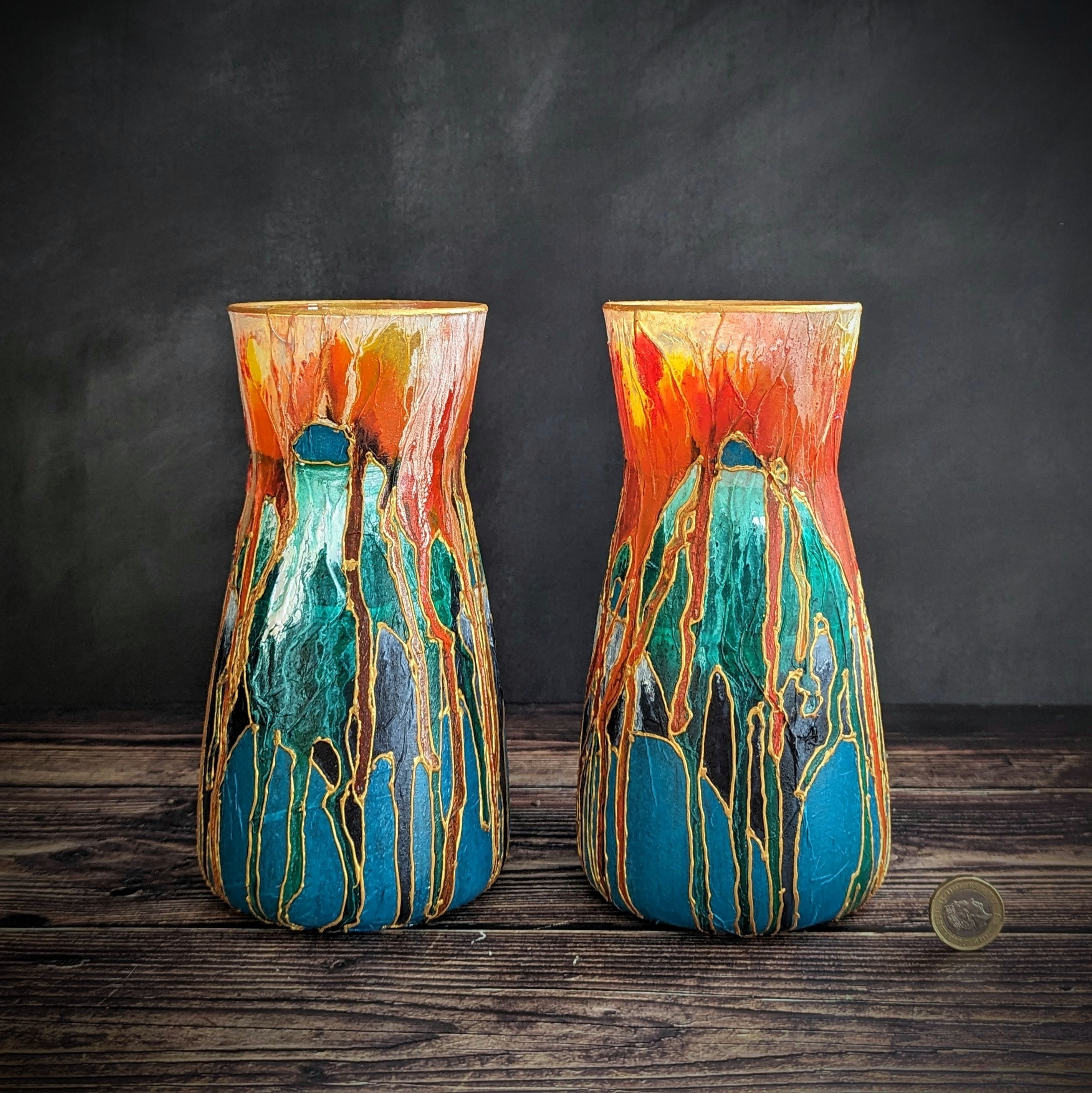 Hand-Painted Glass Vase - Orange, Teal & Green -Bright Abstract Design - Colourful Home Decor