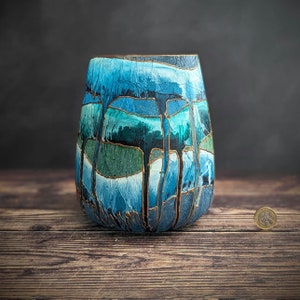 ZEN Blue Green Hand Painted Glass Vase Unique Design Statement Bronze Artistic Home Decor Lounge Gift Idea Handmade
