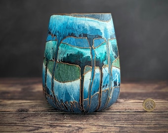 ZEN Blue Green Hand Painted Glass Vase Unique Design Statement Bronze Artistic Home Decor Lounge Gift Idea Handmade