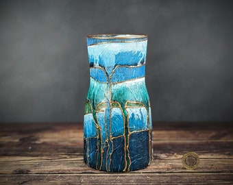 ZEN Blue Green Vase for Flowers Hand Painted Coloured Glass Modern Design Unique Gift Home Colourful Calm Decor Idea