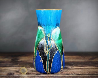 Hand-Painted Glass Vase – Vivid Blue, Green & Gold – Abstract Design – Colourful Home Decor – 20cm / 8"