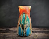 Hand-Painted Glass Vase – Orange, Teal & Green –Bright Abstract Design – Colourful Home Decor – 20cm / 8"