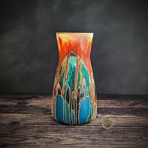 Colourful Vase - Unique Hand Painted Design - Orange Green Turquoise Decor - Modern Interiors - Bright Home - Vibrant Coloured Pot 20 cm/8&quot;