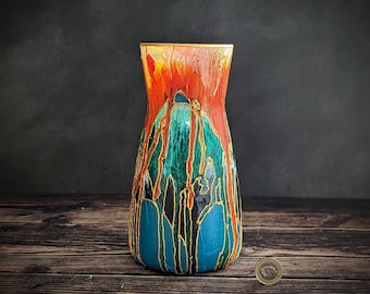 Hand-Painted Glass Vase – Orange, Teal & Green –Bright Abstract Design – Colourful Home Decor – 20cm / 8"