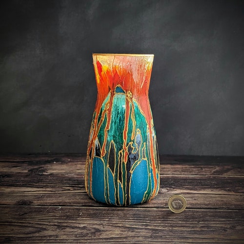 Vase coloré peint à la main, design unique, orange vert turquoise pour intérieurs modernes, décoration lumineuse, pot aux couleurs vives