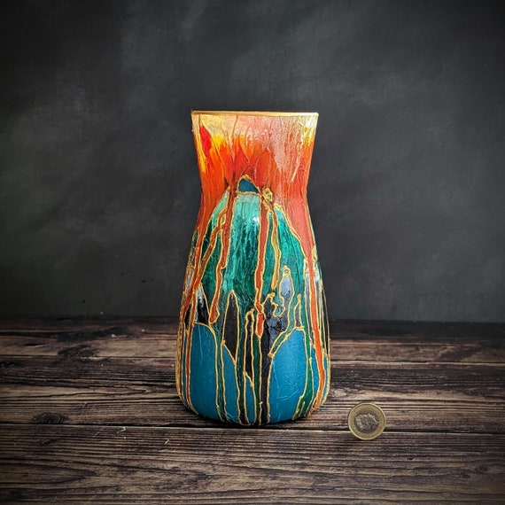 Hand-painted Glass Vase – Orange, Teal & Green –bright Abstract Design – Colourful Home Decor – 20cm / 8