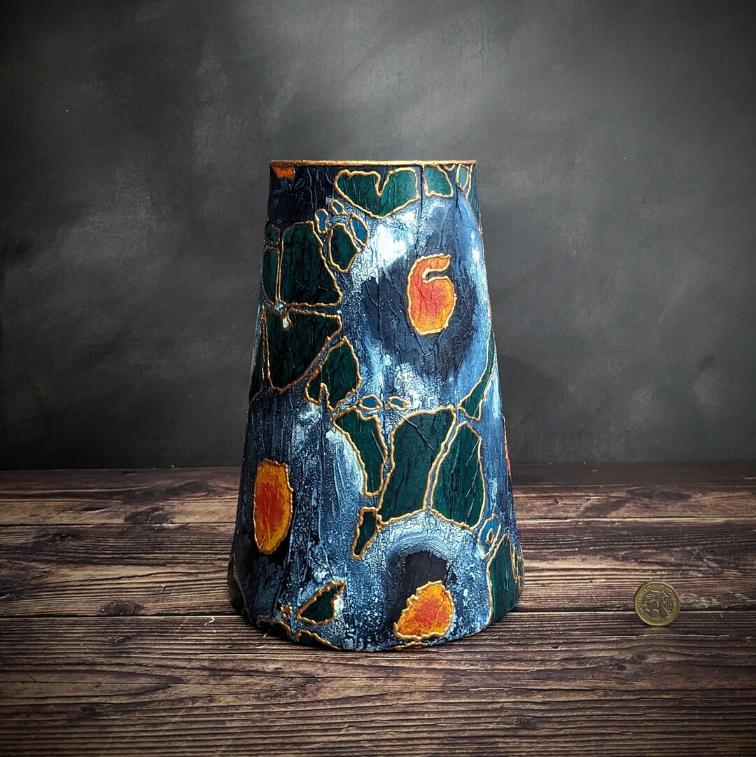 Large Emerald Green Vase Hand Painted Coloured Glass Abstract Flower