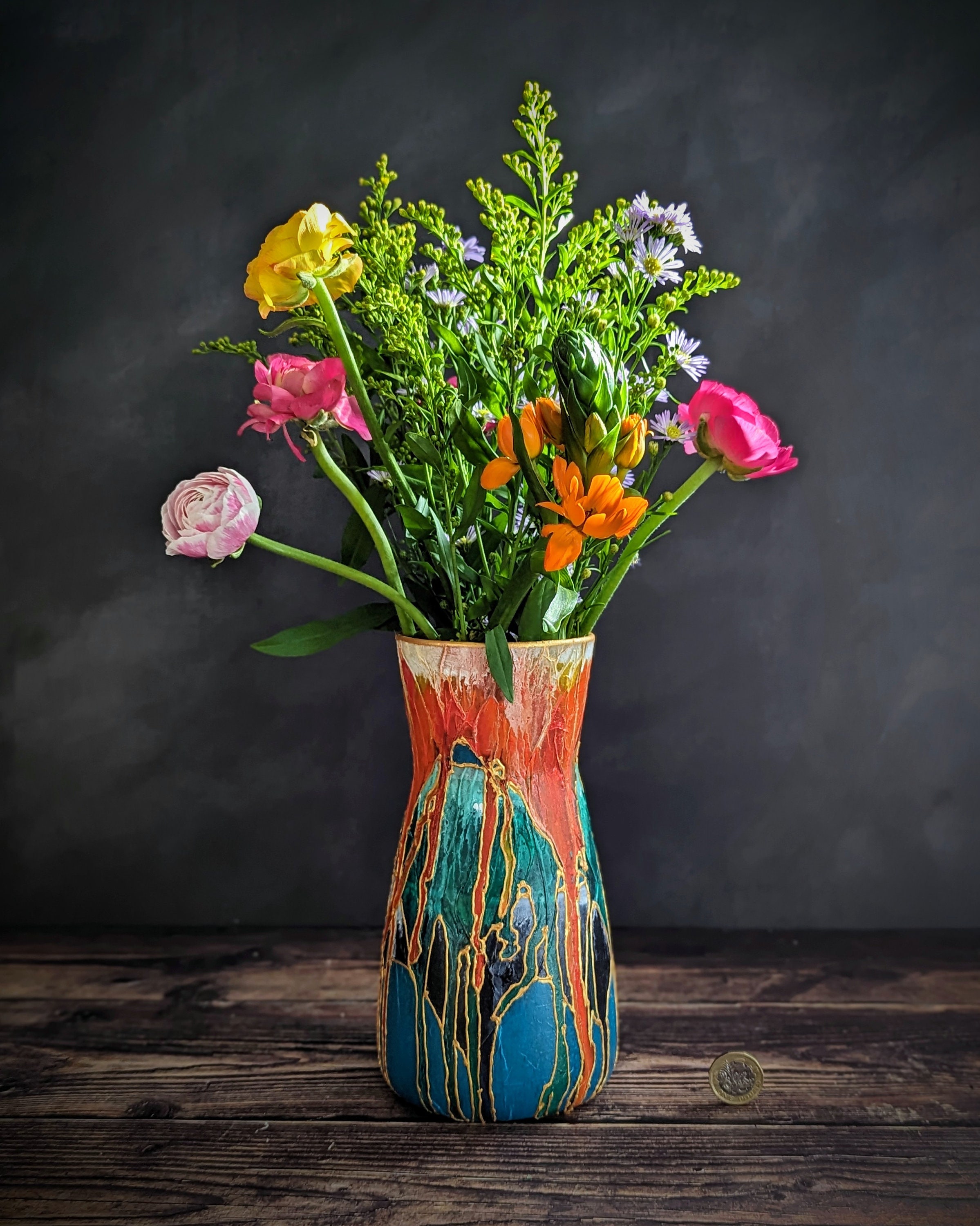Hand-Painted Glass Vase - Orange, Teal & Green -Bright Abstract Design - Colourful Home Decor