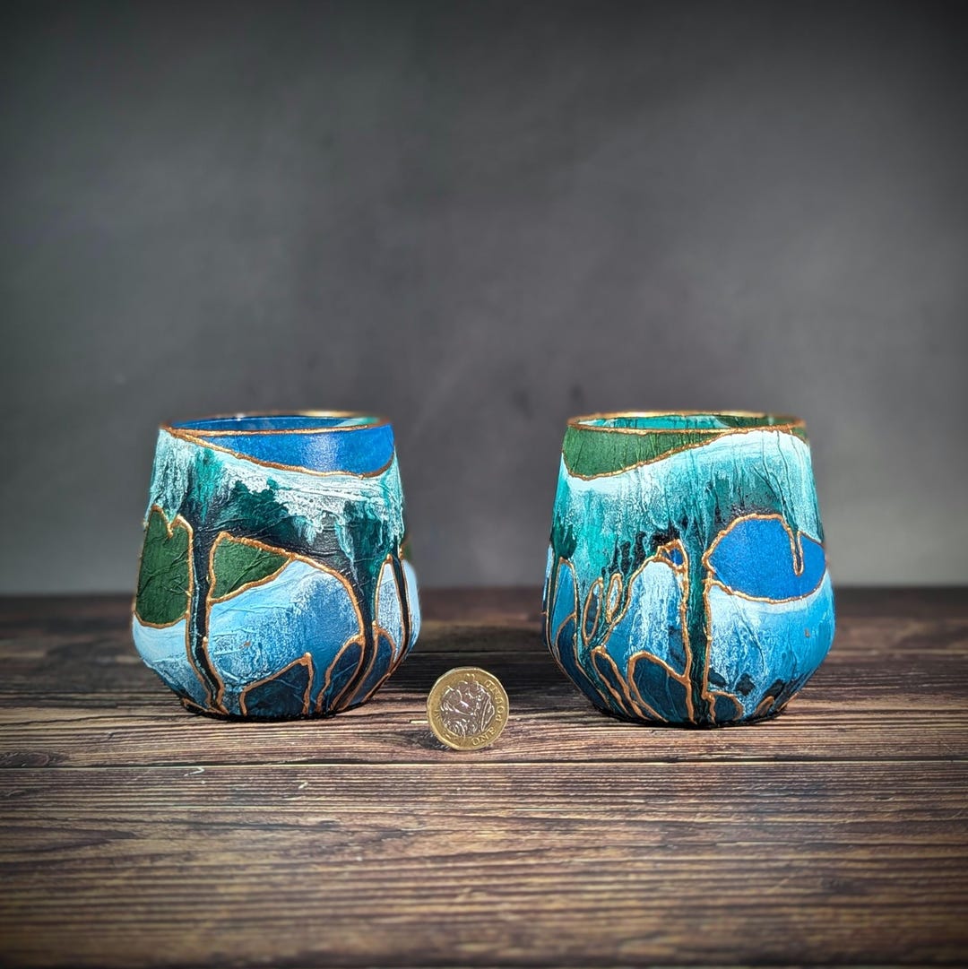 ZEN Blue Green Large Candle Holders Hand Painted Glass Jar LED Tea
