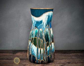 Hand-Painted Glass Vase – ZEN – Aqua Blue, Green & Bronze – Hourglass Flower Vase Gift – 20cm / 7.9"