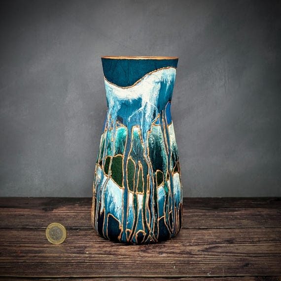 Hand-painted Glass Vase – ZEN – Aqua Blue, Green & Bronze