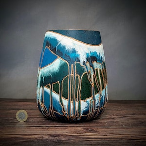 Hand-Painted Glass Vase – ZEN – Teal, Blue, Green & Bronze – Oval Flower Vase Gift – 18cm / 7.1"