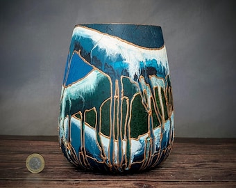 Hand-Painted Glass Vase – ZEN – Teal, Blue, Green & Bronze – Oval Flower Vase Gift – 18cm / 7.1"