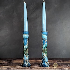 Hand-Painted Glass Candlestick Tapered Candles Holders – ZEN Collection – Green Blue Teal with Bronze – Dual Use Vase or Candle Holder 20cm