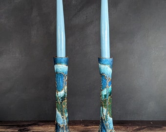 Hand-Painted Glass Candlestick Tapered Candles Holders – ZEN Collection – Green Blue Teal with Bronze – Dual Use Vase or Candle Holder 20cm