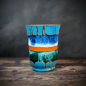 Large Wide Turqoiuse Vase Hand Painted Glass Unique Modern Plant Pot Indoor Colourful Hurricane Candle Lantern Home Decor