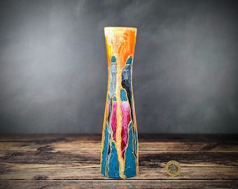 Colourful Vase Vibrant Painted Bud Glass Unique Design Artisan Bright Handmade Gift Textured Mantelpiece Decoration