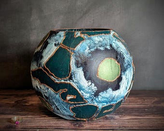 Emerald Green Vase – Hand-Painted Glass Globe – Abstract Floral, Bronze Detail – Table Centrepiece – 20cm / 8"