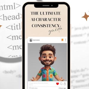 May include: A smartphone displays a guide titled "THE ULTIMATE AI CHARACTER CONSISTENCY guide." The screen shows a cartoon man in a colorful shirt. The background includes HTML code and decorative starbursts.