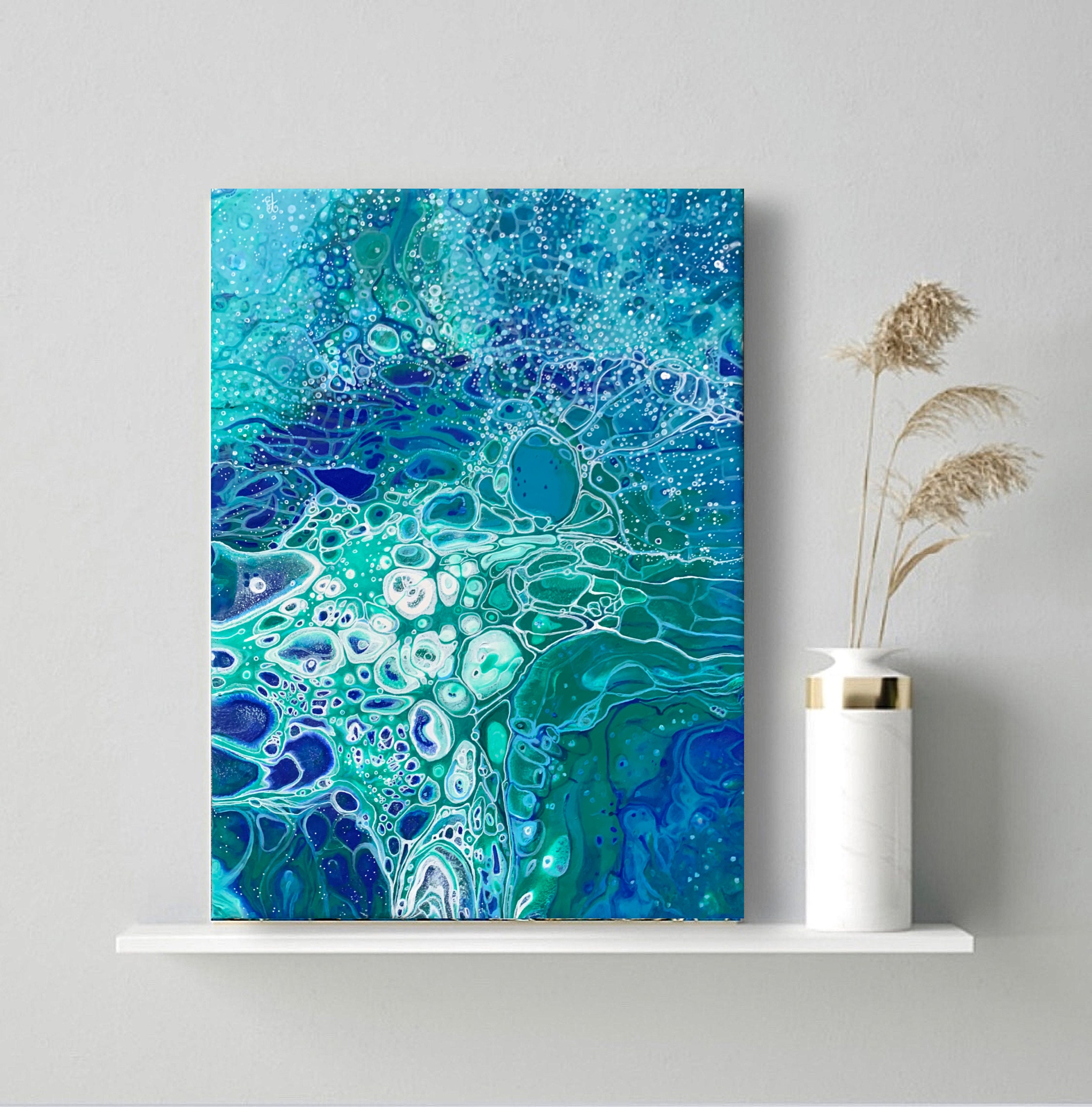 Blue green abstract wall art canvas paint pour art Etsy