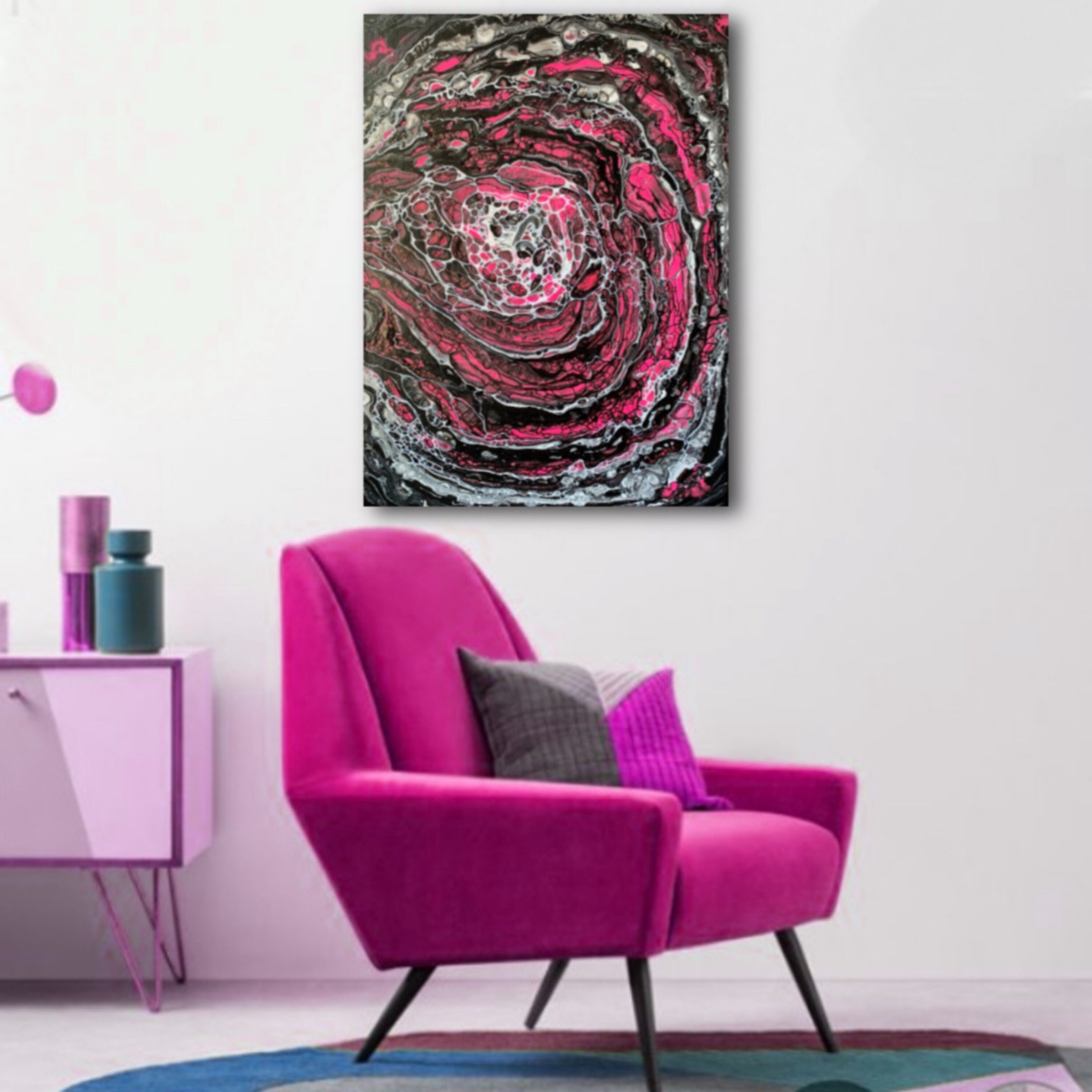 Abstract painting pink hot pink wall art black light art Etsy