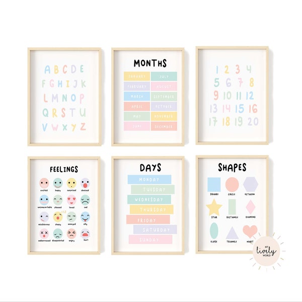 Set of 6 Pastel Educational Posters, Playroom prints, Montessori posters, Classroom decor, Education prints, Pastel kids room decor, School