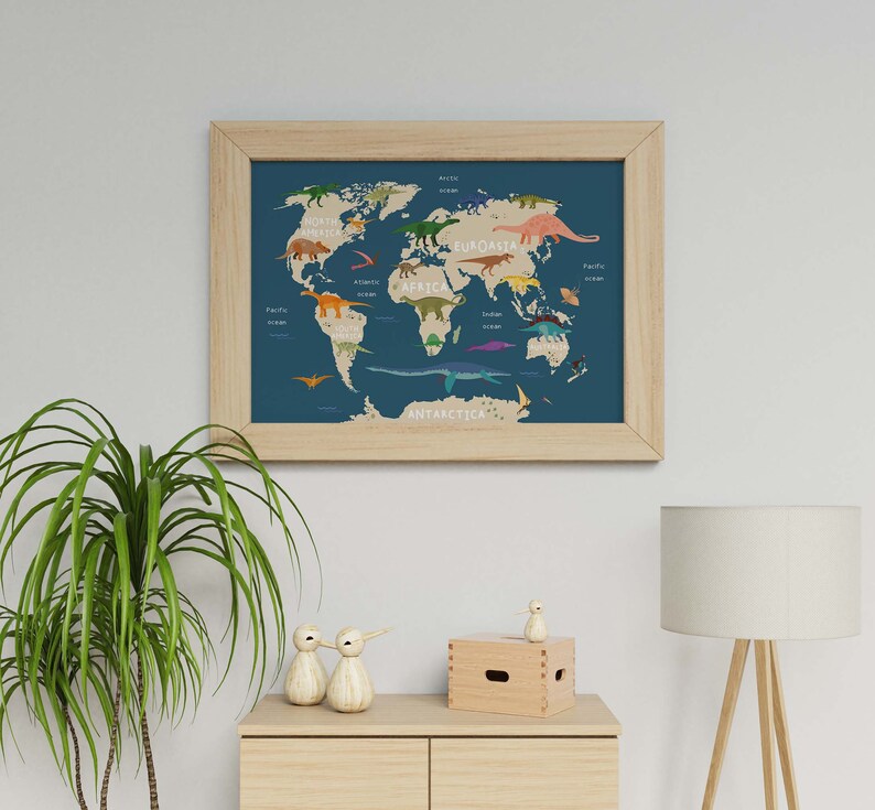 Navy Blue Dinosaur World Map Poster Dinosaur Wall Art Etsy